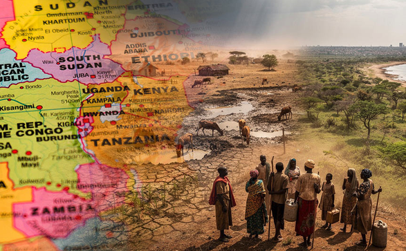 Photo shows map of sub-Saharan Africa juxtaposed with a group of rural farmers from that region.
